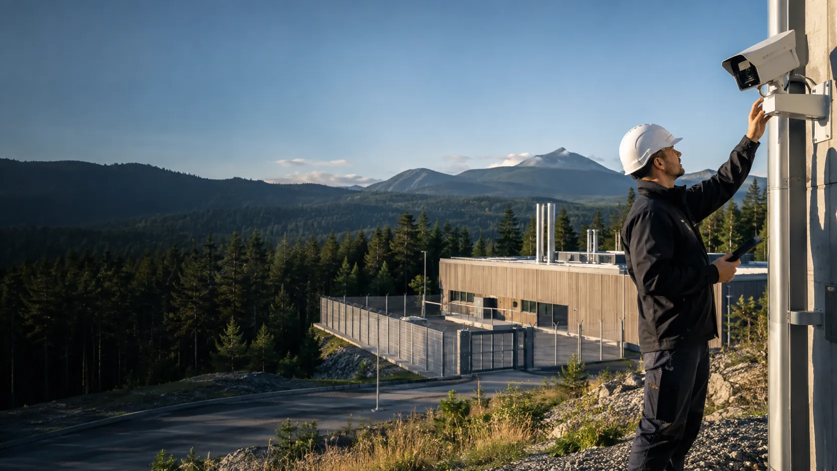 Engineer inspecting an outdoor camera from ground level, calm clear conditions, no actual wildfire or smoke