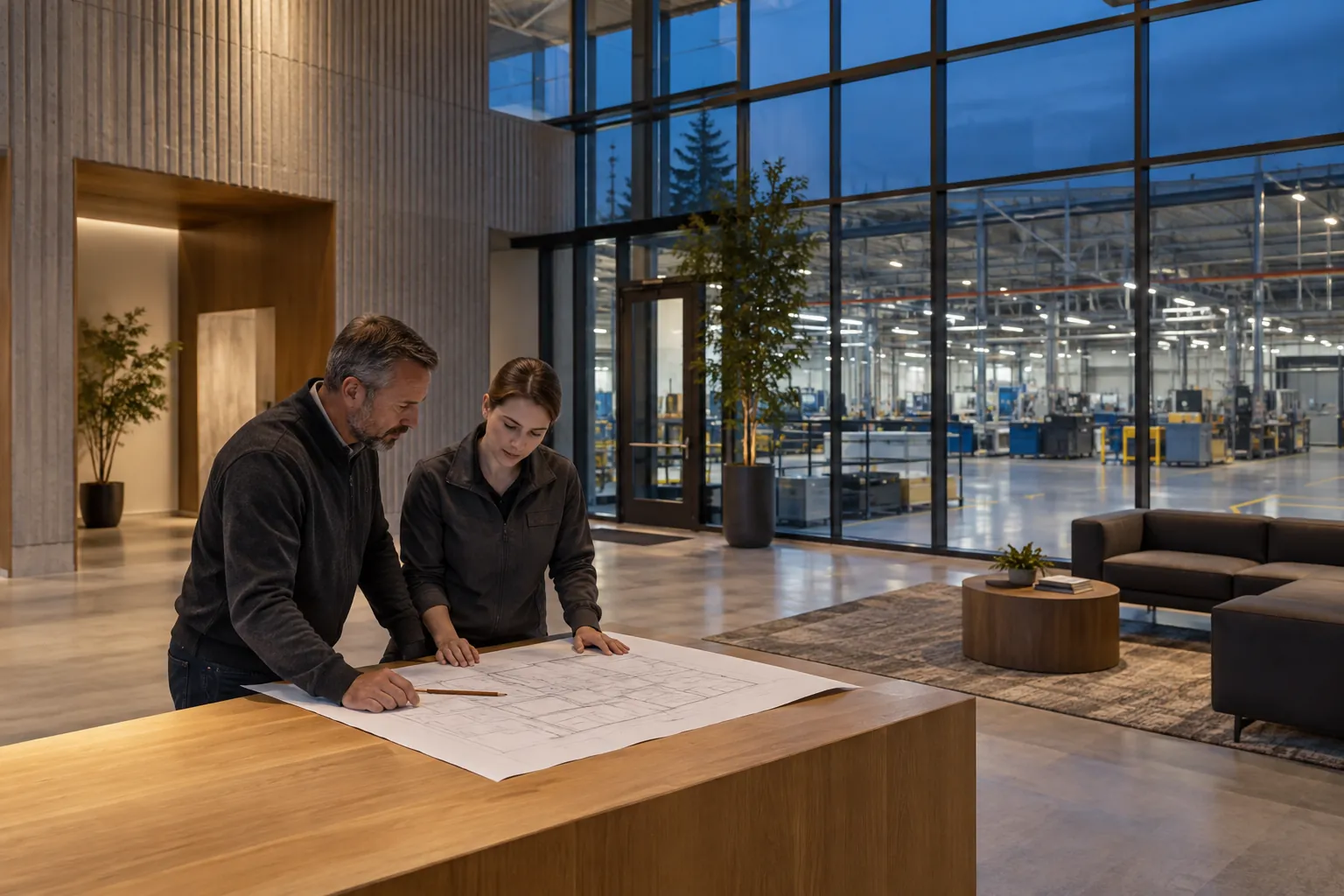 Engineer and facilities representative reviewing a security layout
