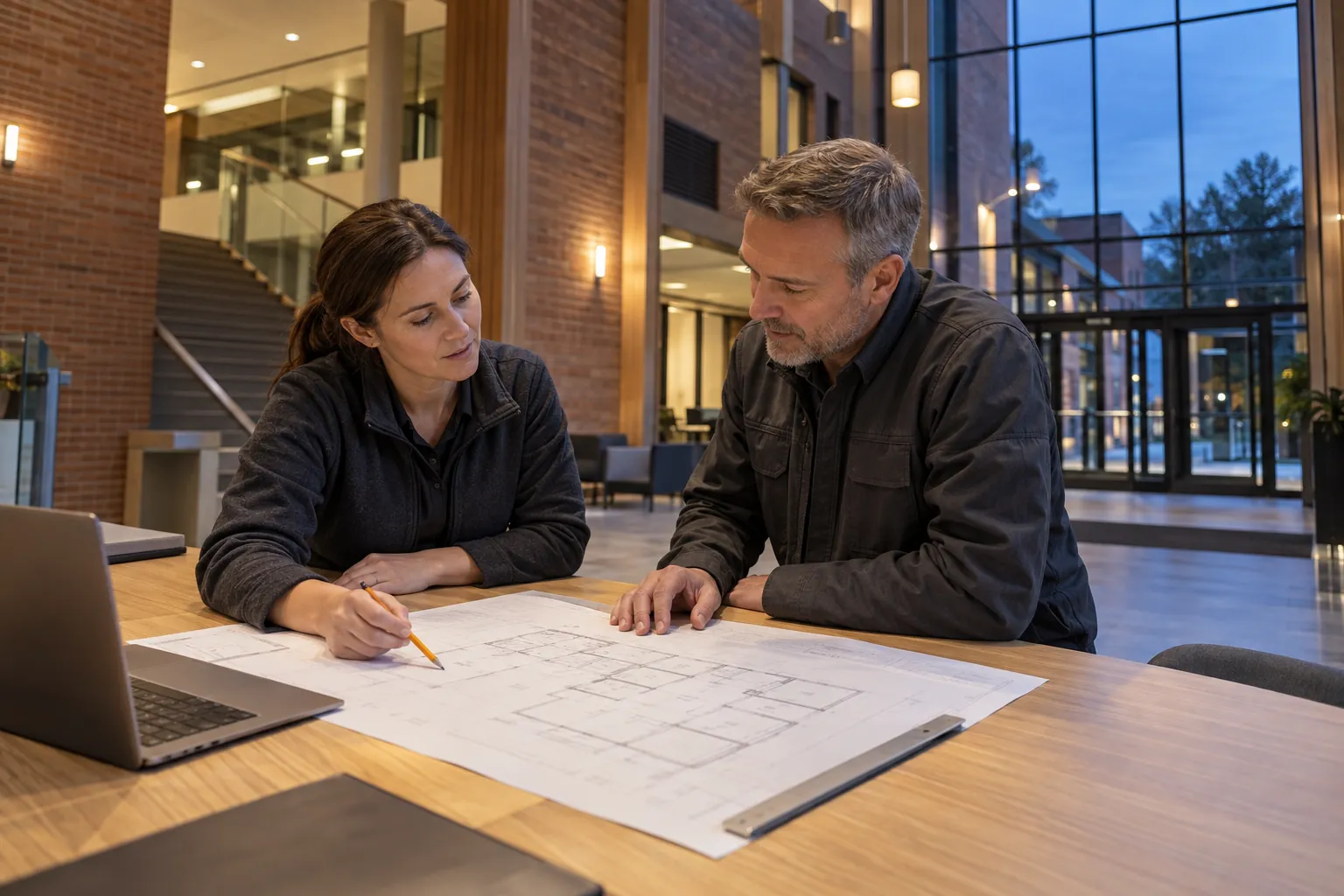 Engineer and facilities representative reviewing a security layout