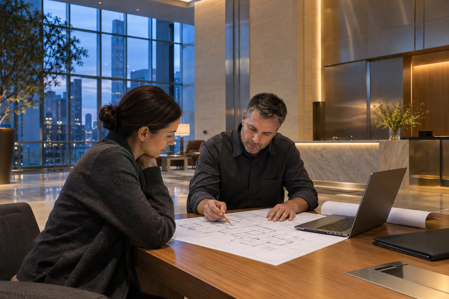 Engineer and facilities representative reviewing a security layout