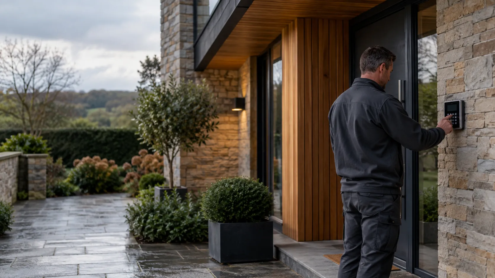 Engineer inspecting an intruder-alarm keypad beside a staff entrance in a low-rise industrial business park with grey zinc facade