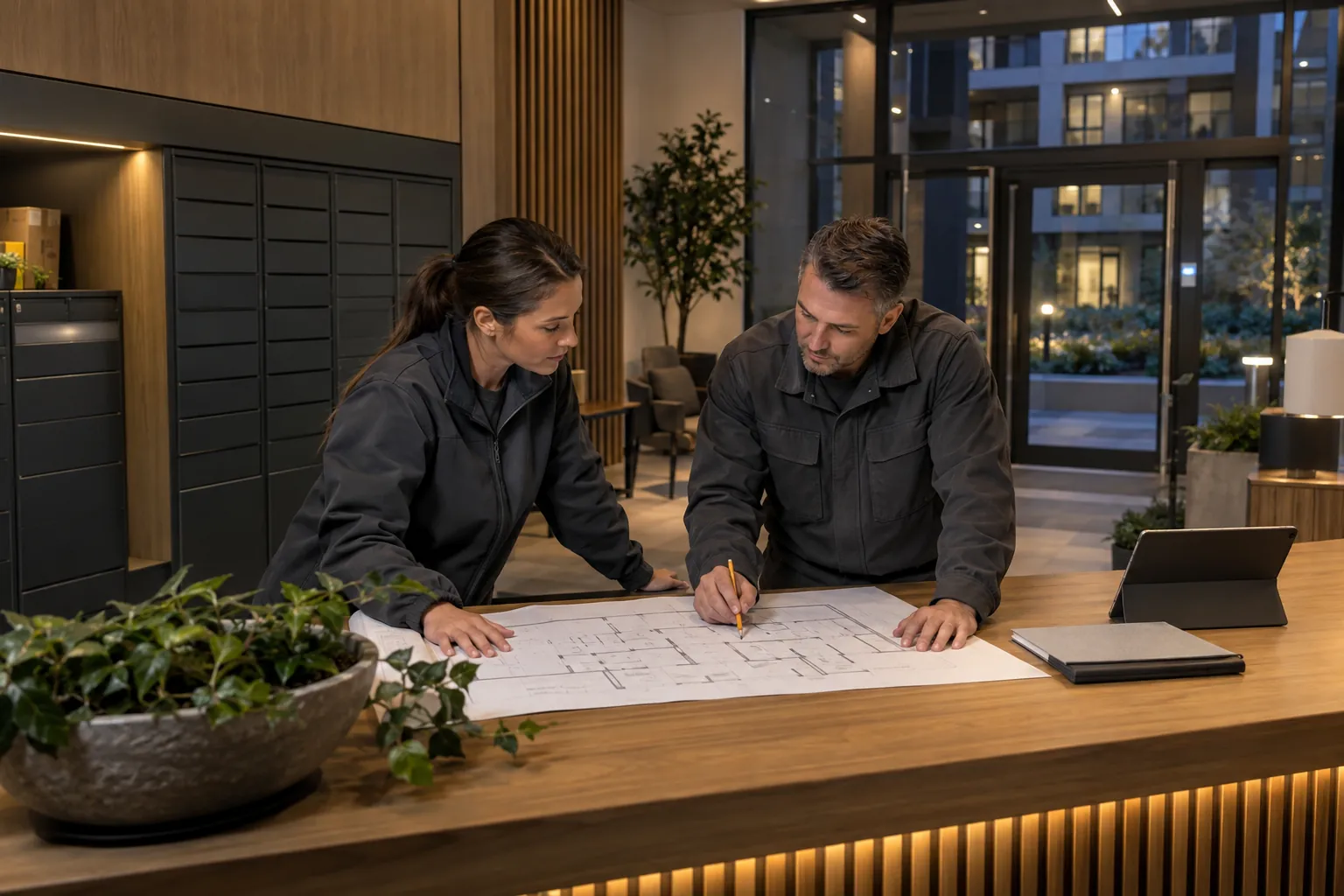 Engineer and facilities representative reviewing a security layout