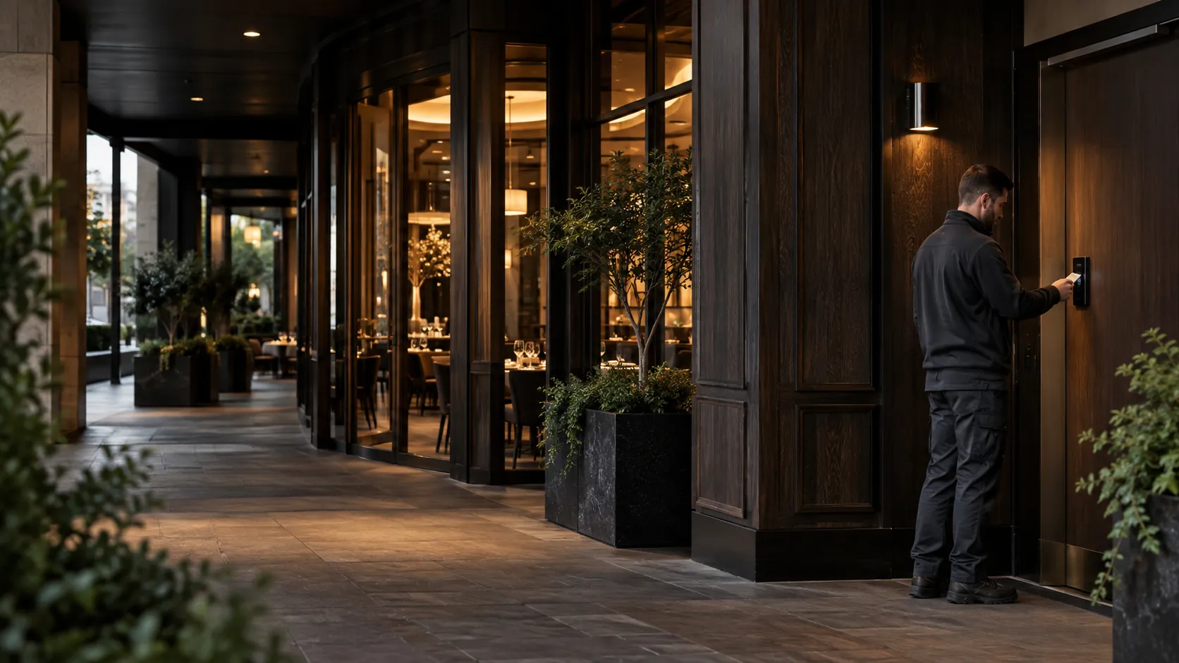 Technician testing a rear staff-door access reader in a empty high-end restaurant entrance before opening, amber lights and dark oak
