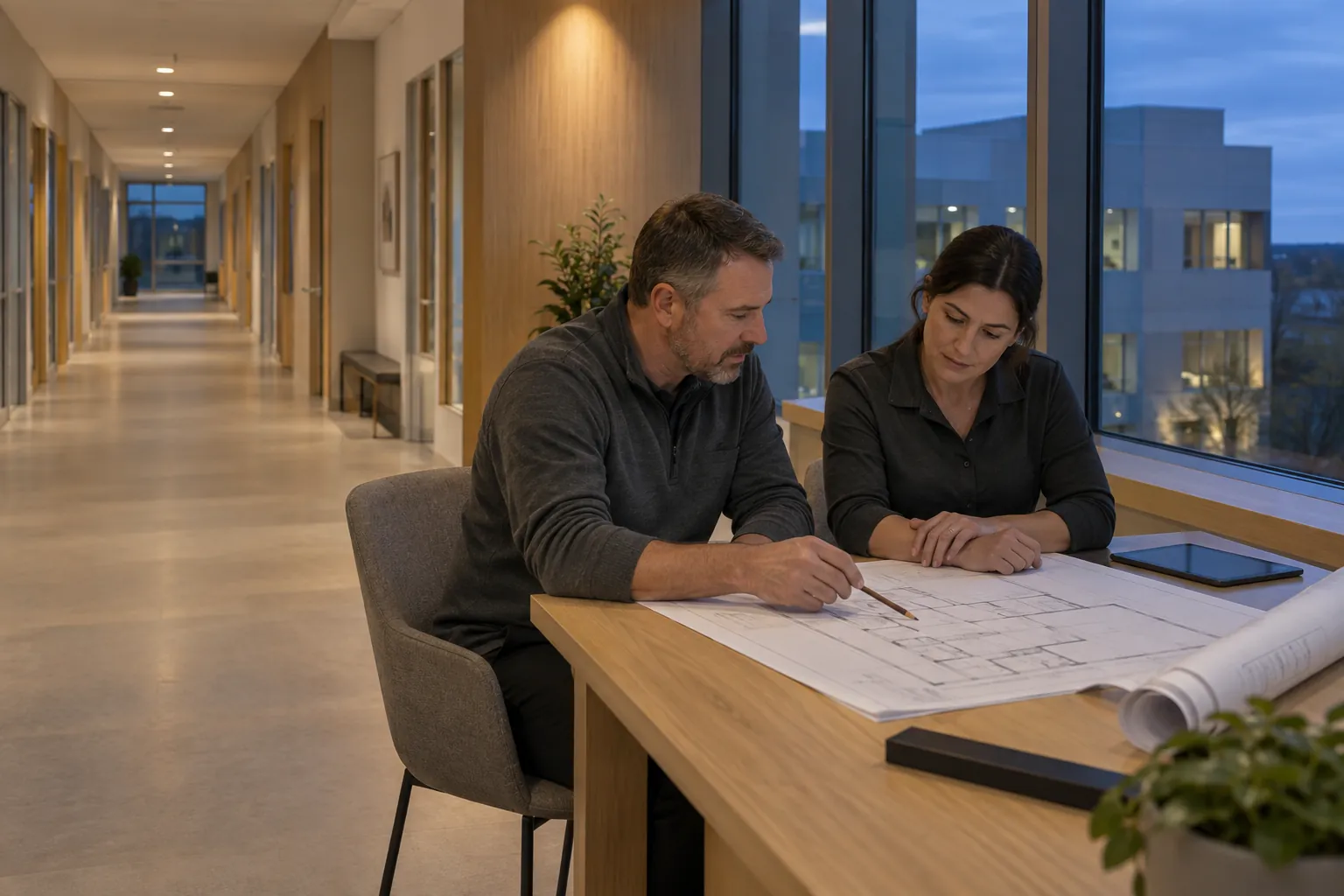 Engineer and facilities representative reviewing a security layout