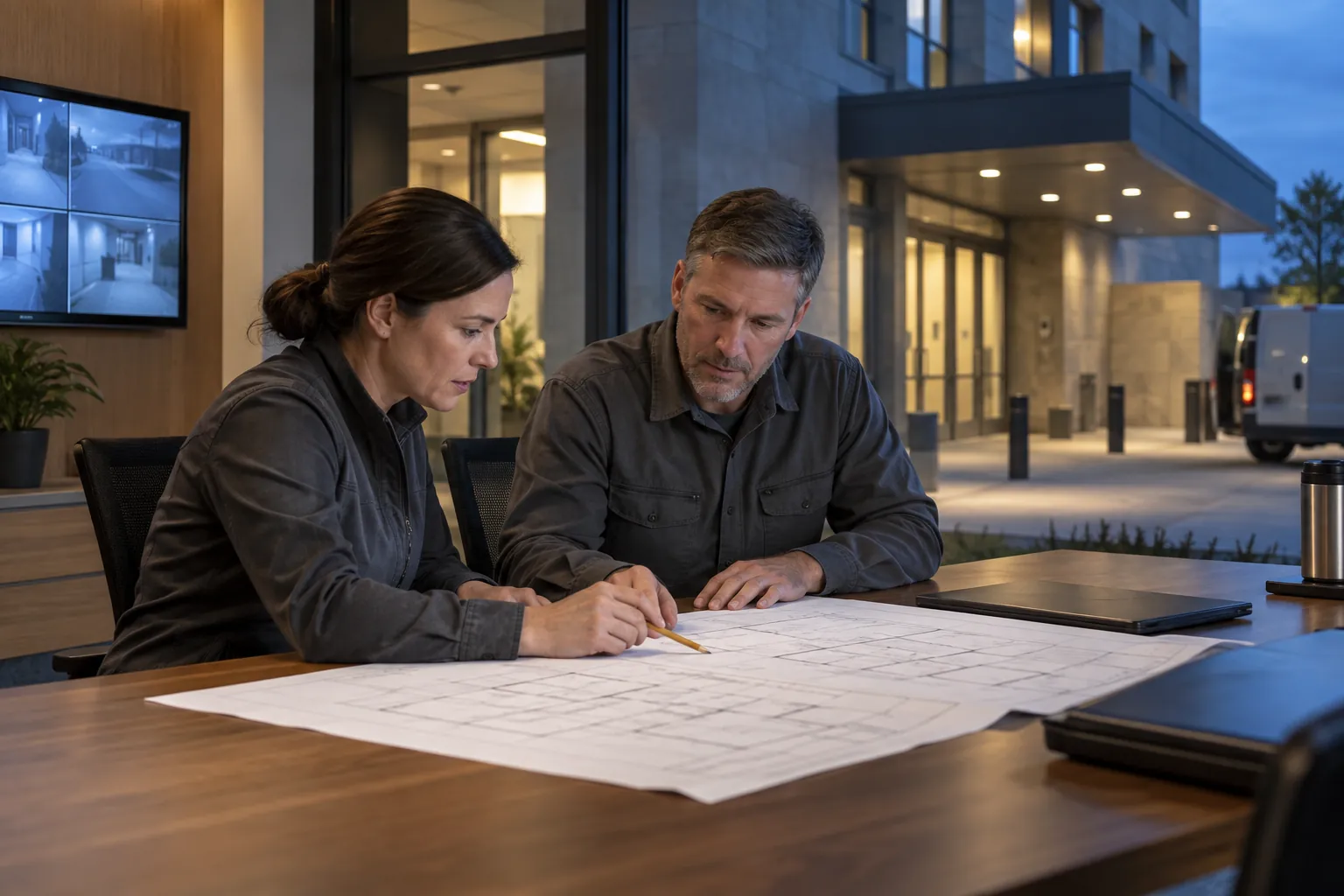 Engineer and facilities representative reviewing a security layout