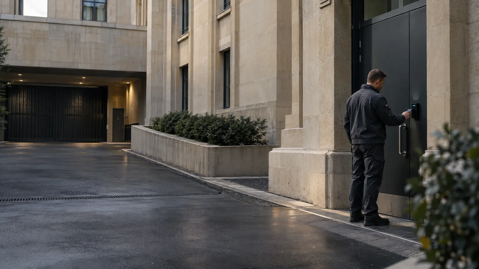 Engineer testing a discreet controlled door in a generic civic administrative building service entrance, no flags or military insignia