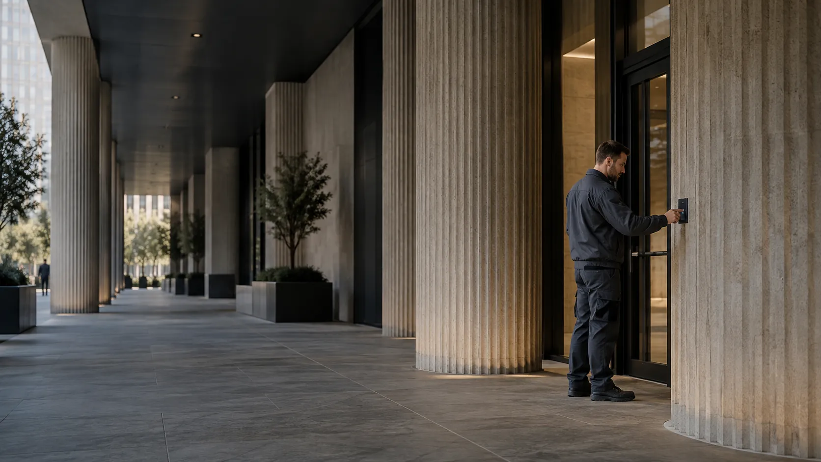 Engineer commissioning an access reader at a commercial entrance