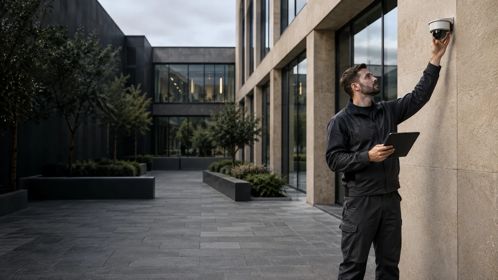 Security engineer checking a correctly mounted dome camera with a tablet in a angular office courtyard with basalt paving