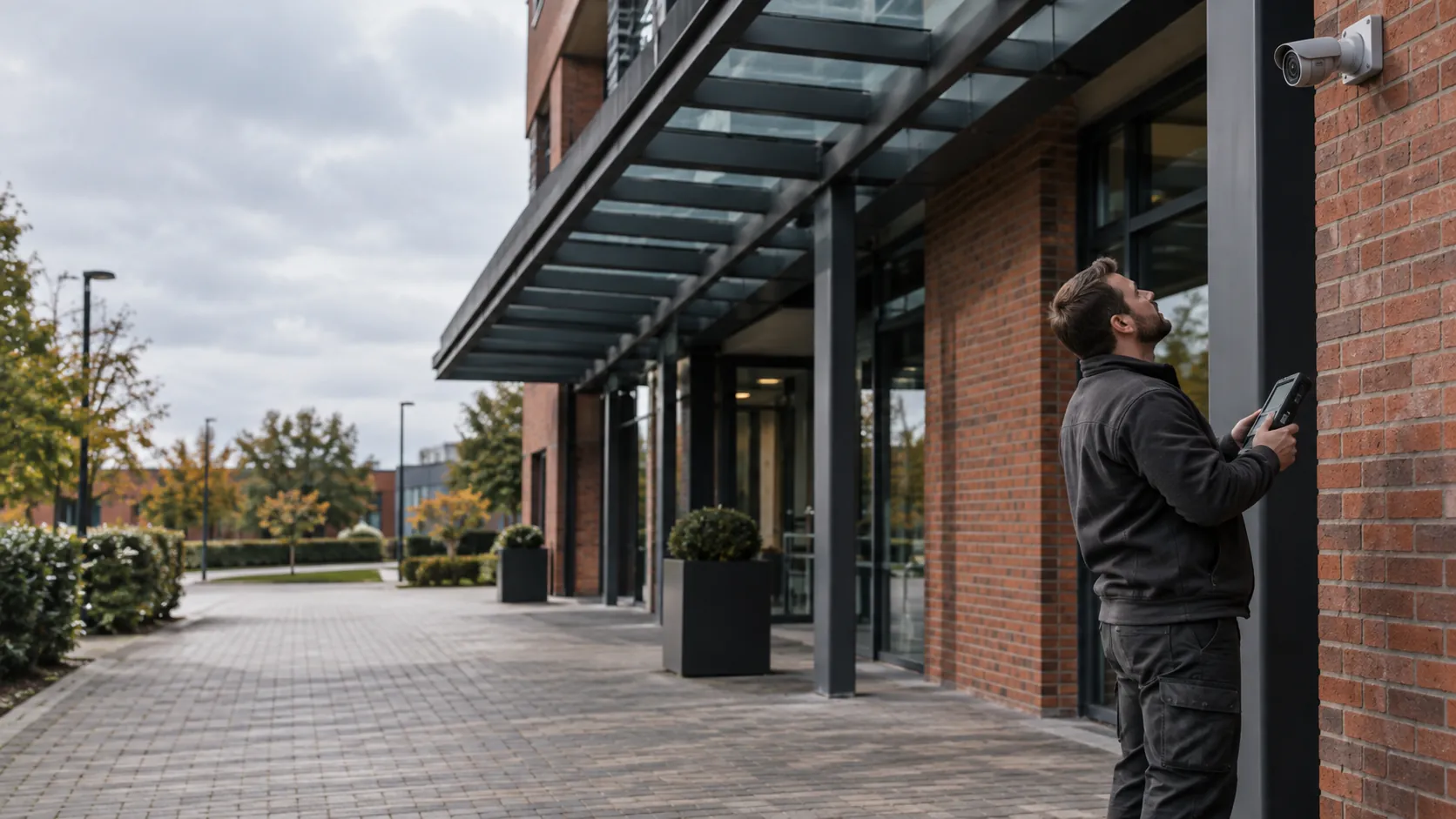 Engineer inspecting a realistically mounted compact security camera from floor level with a handheld test monitor in a red-brick business campus with steel canopy