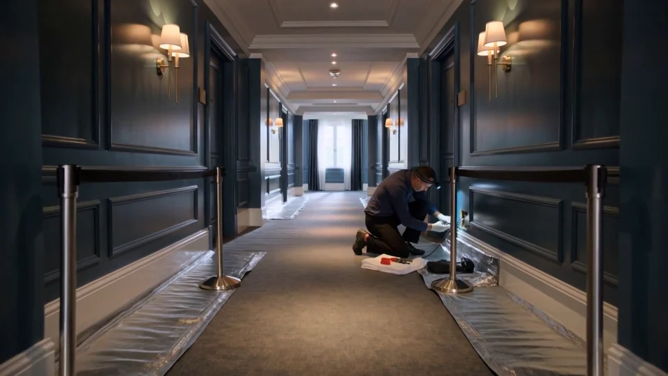 Illustrative hospitality & leisure work: cable installation along a guest corridor
