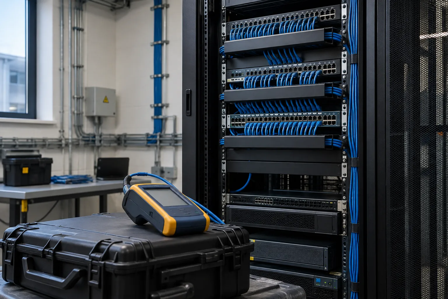 Cable certification tester beside organised commercial network patching