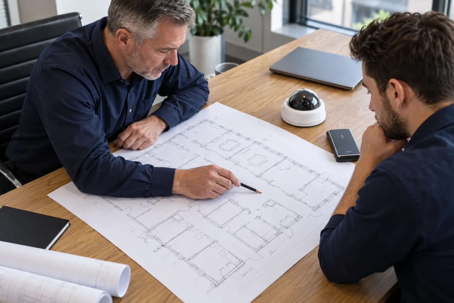Security engineers reviewing entrance and camera layouts during system design